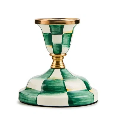 Mackenzie-childs Emerald Check Short Candlestick In White;green;gold