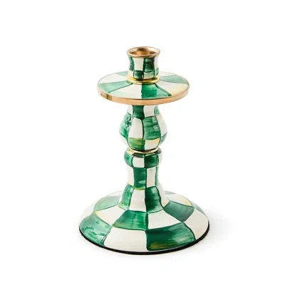Mackenzie-childs Emerald Check Small Candlestick In White;green;gold