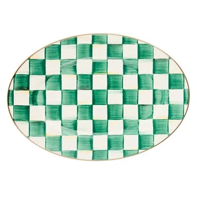 Mackenzie-childs Emerald Check Small Oval Platter In White;green;gold