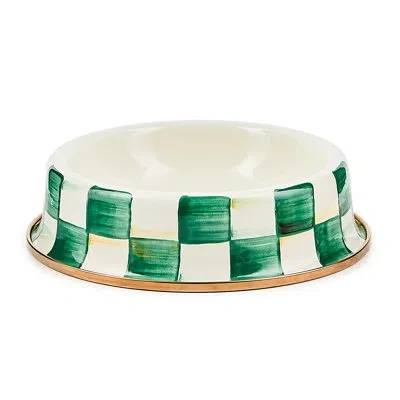 Mackenzie-childs Emerald Check Small Pet Dish In White;green;gold