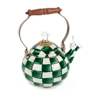 Mackenzie-childs Emerald Check Whistling Tea Kettle In Green,white,brown,bronze