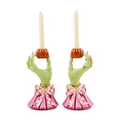 Mackenzie-childs Glam 'o' Ween Hand Candle Holders In Pink;green