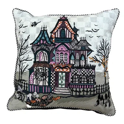 Mackenzie-childs Haunted House Throw Pillow In Gray;black;celadon Green