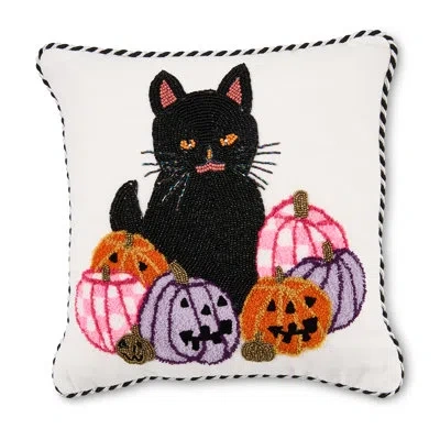 Mackenzie-childs Hocus Pocus Cat Throw Pillow In Orange;beige;black