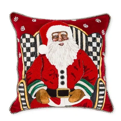 Mackenzie-childs Holiday Black Santa Throw Pillow In Red;white
