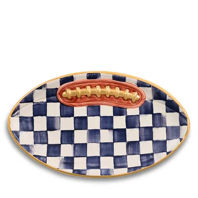 Mackenzie-childs Indigo Check Ceramic Football Platter In Blue