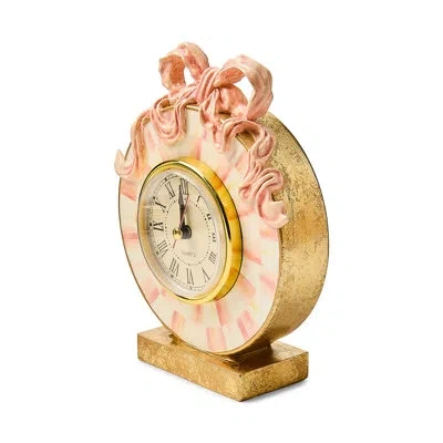 Mackenzie-childs It's All About The Bow Desk Clock In Gold;white;pink