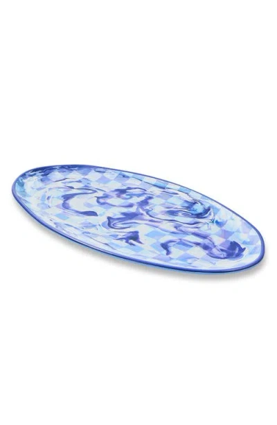 Mackenzie-childs Mackenzie Childs Blue Marble Check Oval Melamine Platter