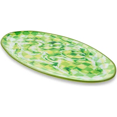 Mackenzie-childs Mackenzie Childs Green Marble Check Oval Melamine Platter In Multi