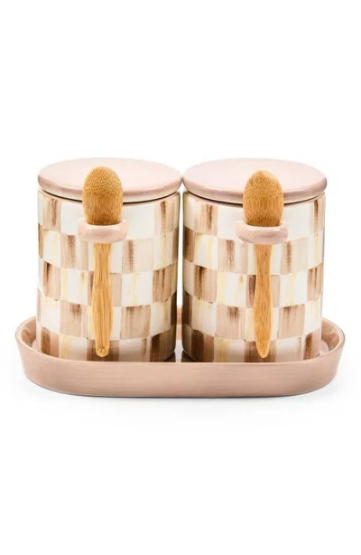 Mackenzie-childs Mackenzie Childs Mocha Check Farmhouse Set Of 2 Canisters With Spoons In Neutral