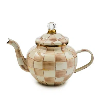 Mackenzie-childs Mocha Check 4 Cup Teapot In Brown,white,brass