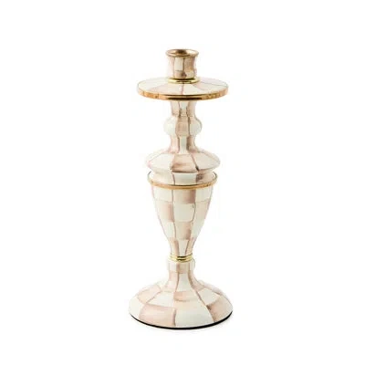 Mackenzie-childs Mocha Check Candlestick In Brown;white;gold