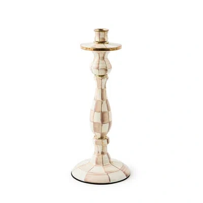 Mackenzie-childs Mocha Check Candlestick In Brown;white;gold
