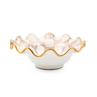 Mackenzie-childs Mocha Check Ceramic Fluted Serving Bowl In Brown;gold
