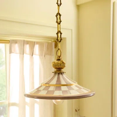 Mackenzie-childs Mocha Check Flared Ceramic Pendant Lamp In Gold