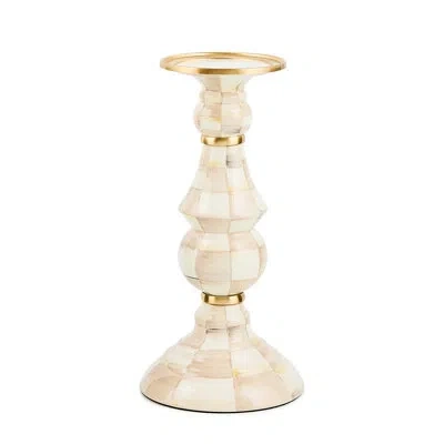 Mackenzie-childs Mocha Check Pillar Candlestick In Brown;white;gold
