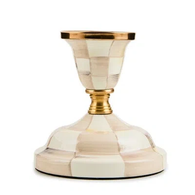 Mackenzie-childs Mocha Check Pillar Candlestick In Brown;white;gold