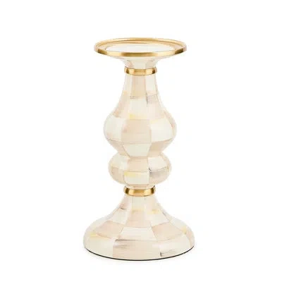 Mackenzie-childs Mocha Check Pillar Candlestick In Brown;white;gold