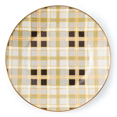 Mackenzie-childs Mocha Check Tartan Mocha Dinner Plate In Brown;yellow