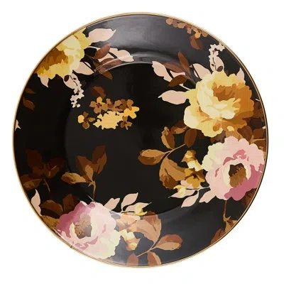 Mackenzie-childs Mocha Check Wild Rose Brown Dinner Plate In Brown;gold