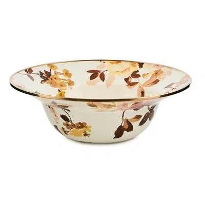 Mackenzie-childs Mocha Check Wild Rose Brown Serving Bowl In White