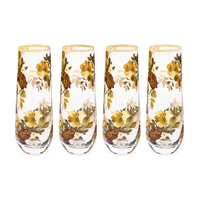 Mackenzie-childs Mocha Check Wild Rose Stemless Flute, Set Of 4 In Gold;clear