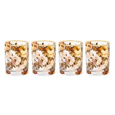 Mackenzie-childs Mocha Check Wild Rose Tumbler Glass, Set Of 4 In Gold;clear