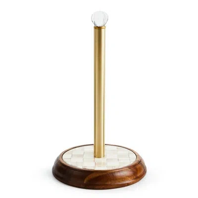 Mackenzie-childs Mocha Check Wood Paper Towel Holder In Gold,brown