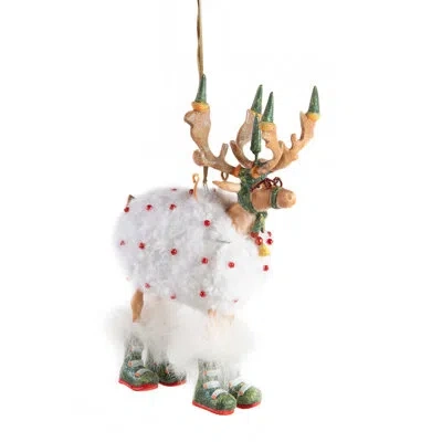 Mackenzie-childs Patience Brewster Dash Away Blitzen Reindeer Ornament In Brown,white,green