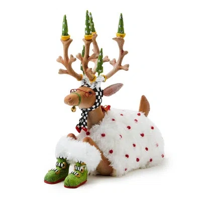 Mackenzie-childs Patience Brewster Dash Away Sitting Blitzen Reindeer Figure In Brown;white;green