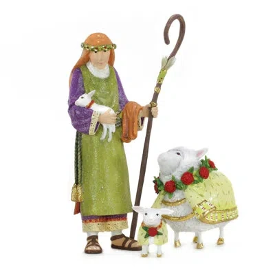 Mackenzie-childs Patience Brewster Nativity Shepherd & Sheep Figures In Brown,white,green,blue