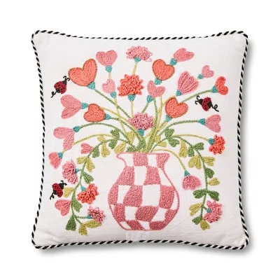 Mackenzie-childs Pink Check Hearts Bouquet Throw Pillow In White;green;pink