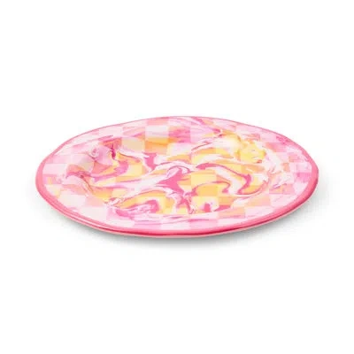 Mackenzie-childs Pink Marble Check Melamine Dinner Plates