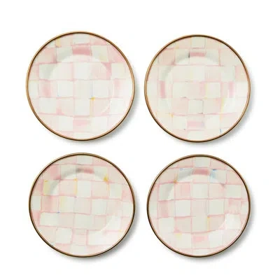 Mackenzie-childs Rosy Check Appetizer Plates Set Of 4 In White;pink;gold