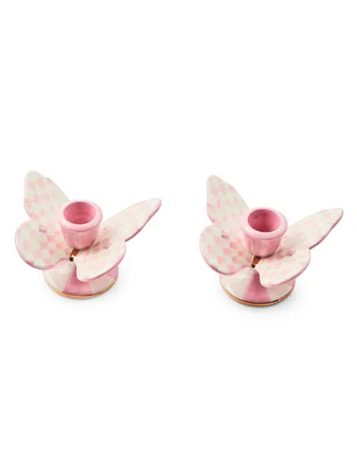 Mackenzie-childs Rosy Check Butterfly Candle Holders, Set Of 2 In Pink