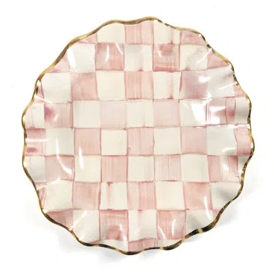 Mackenzie-childs Rosy Check Ceramic Fluted Dessert Plate In White;pink;gold