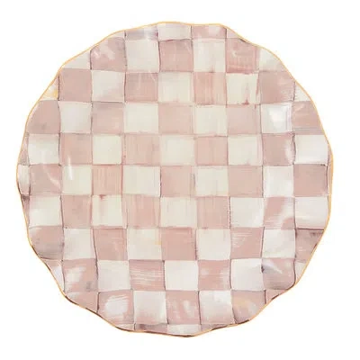 Mackenzie-childs Rosy Check Ceramic Fluted Dinner Plate In White;pink;gold