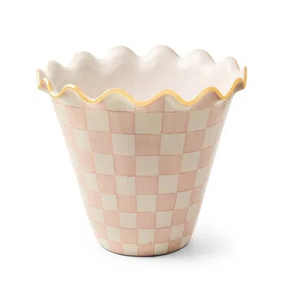 Mackenzie-childs Rosy Check Ceramic Garden Pot In White;pink