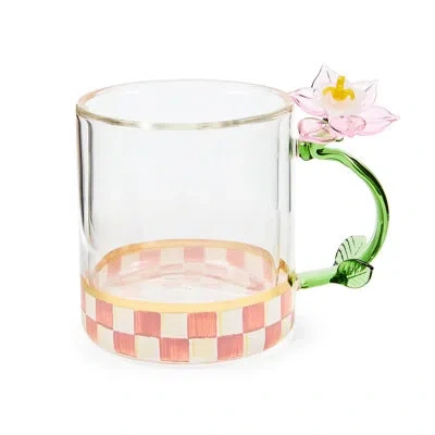 Mackenzie-childs Rosy Check Flower Glass Mug In Green;pink;clear
