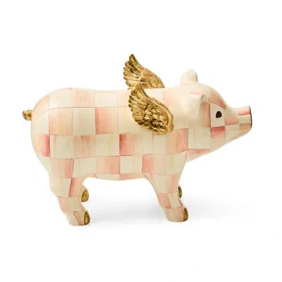 Mackenzie-childs Rosy Check Flying Pig Figurine In White;pink;gold