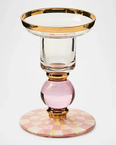 Mackenzie-childs Rosy Check Glass Candleholder In Pink