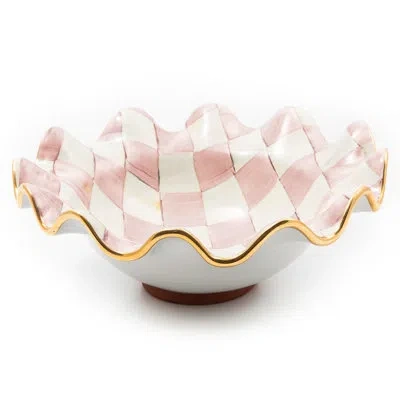 Mackenzie-childs Rosy Check Medium Ceramic Fluted Serving Bowl In White;pink;gold