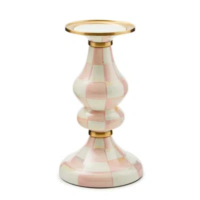 Mackenzie-childs Rosy Check Medium Pillar Candlestick In White;pink;gold