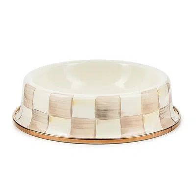 Mackenzie-childs Rosy Check Mocha Check Cat Dish In Brown,white