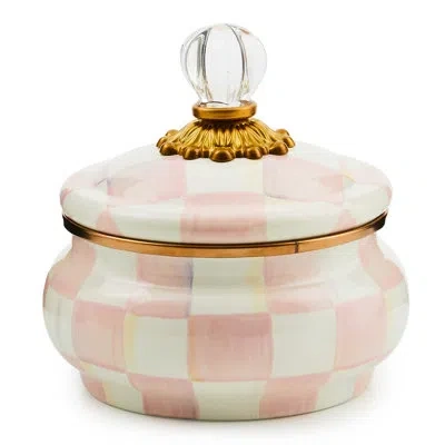 Mackenzie-childs Rosy Check Squashed Pot In White,pink,gold