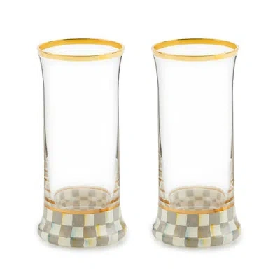Mackenzie-childs Sterling Check Highball Glass, Set Of 2 In Gray,clear,white,gold