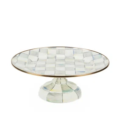Mackenzie-childs Sterling Check Pedestal Platter In White;gray;gold