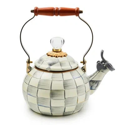 Mackenzie-childs Sterling Check Whistling Tea Kettle In White,gray