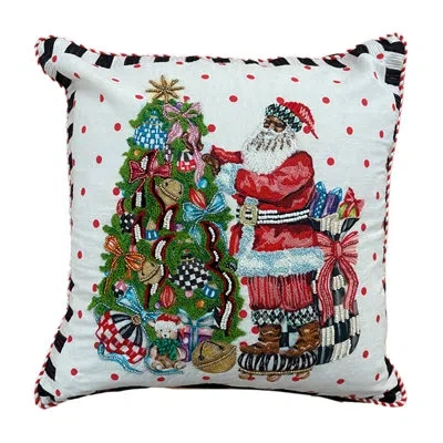 Mackenzie-childs Tree Trimming Santa Throw Pillow In Red;green;white