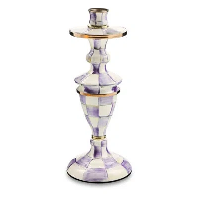 Mackenzie-childs Violet Check Candlestick In White;purple